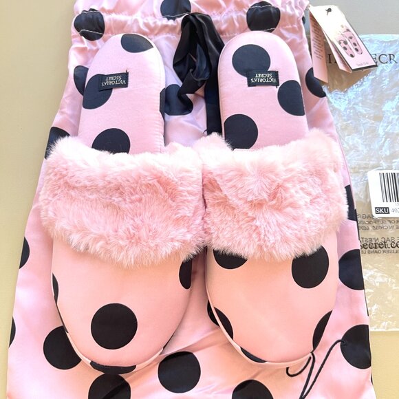 New Victoria's Secret Slippers Small 5 6 Pink Black Dot Satin Faux Fur NWT - Picture 3 of 10